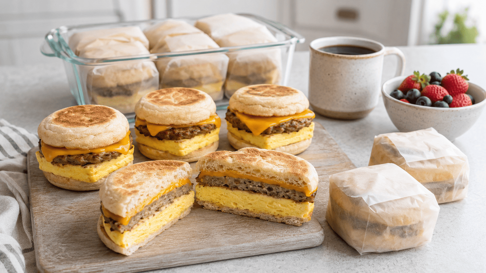 Easy freezer breakfast sandwiches with eggs, sausage, and melted cheese