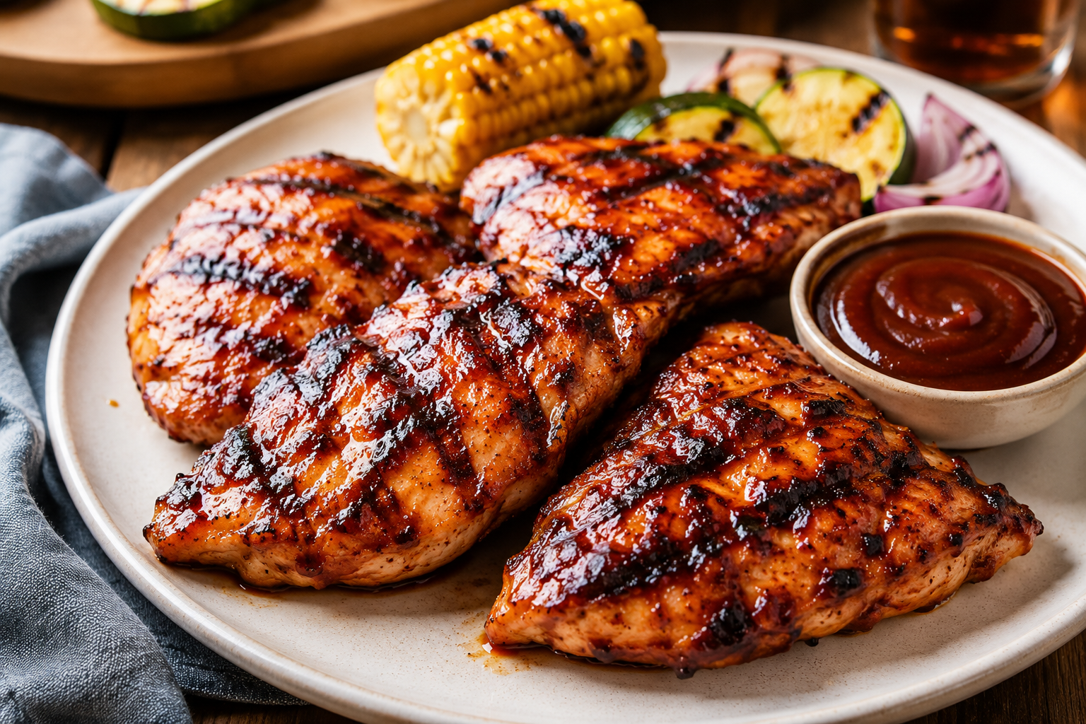 Easy Grilled BBQ Chicken Breast with caramelized BBQ glaze, juicy grilled chicken, and smoky grill marks served on a dinner plate.