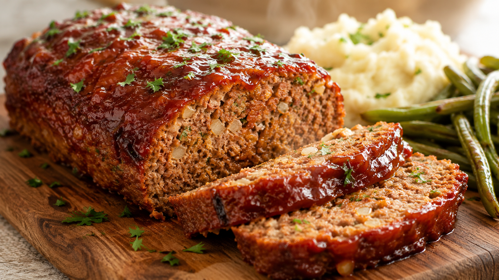 Easy Meatloaf Classic American Comfort sliced with a glossy homemade glaze.