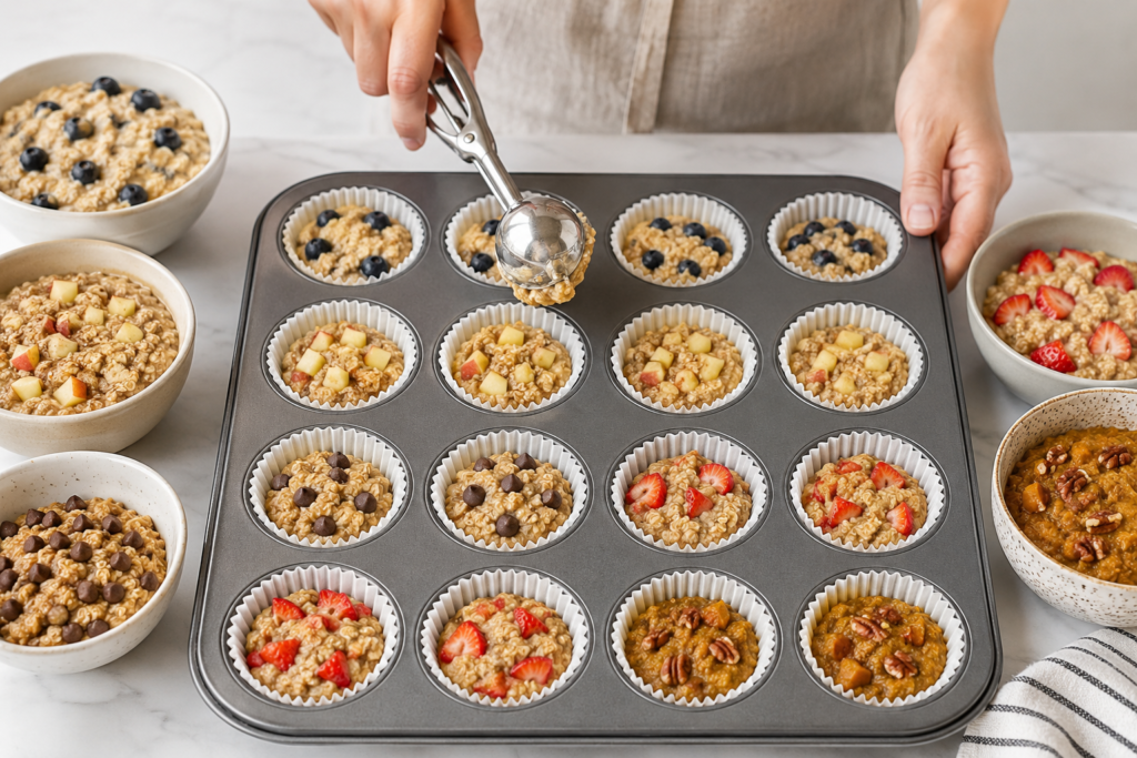 Spooning flavored oatmeal batter into a lined muffin pan before baking