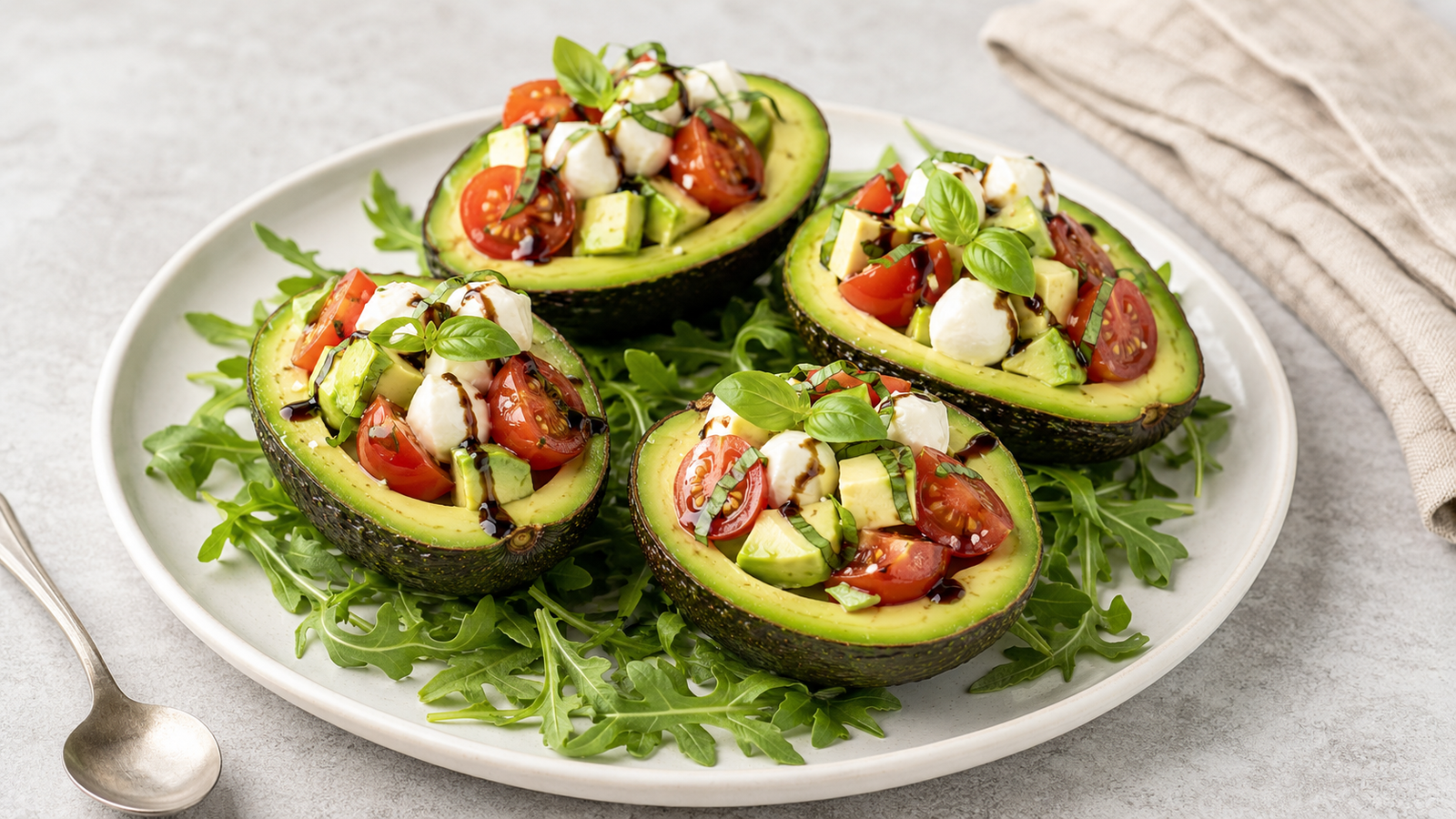 Fresh Caprese-stuffed avocados with tomatoes, mozzarella, basil, and balsamic glaze