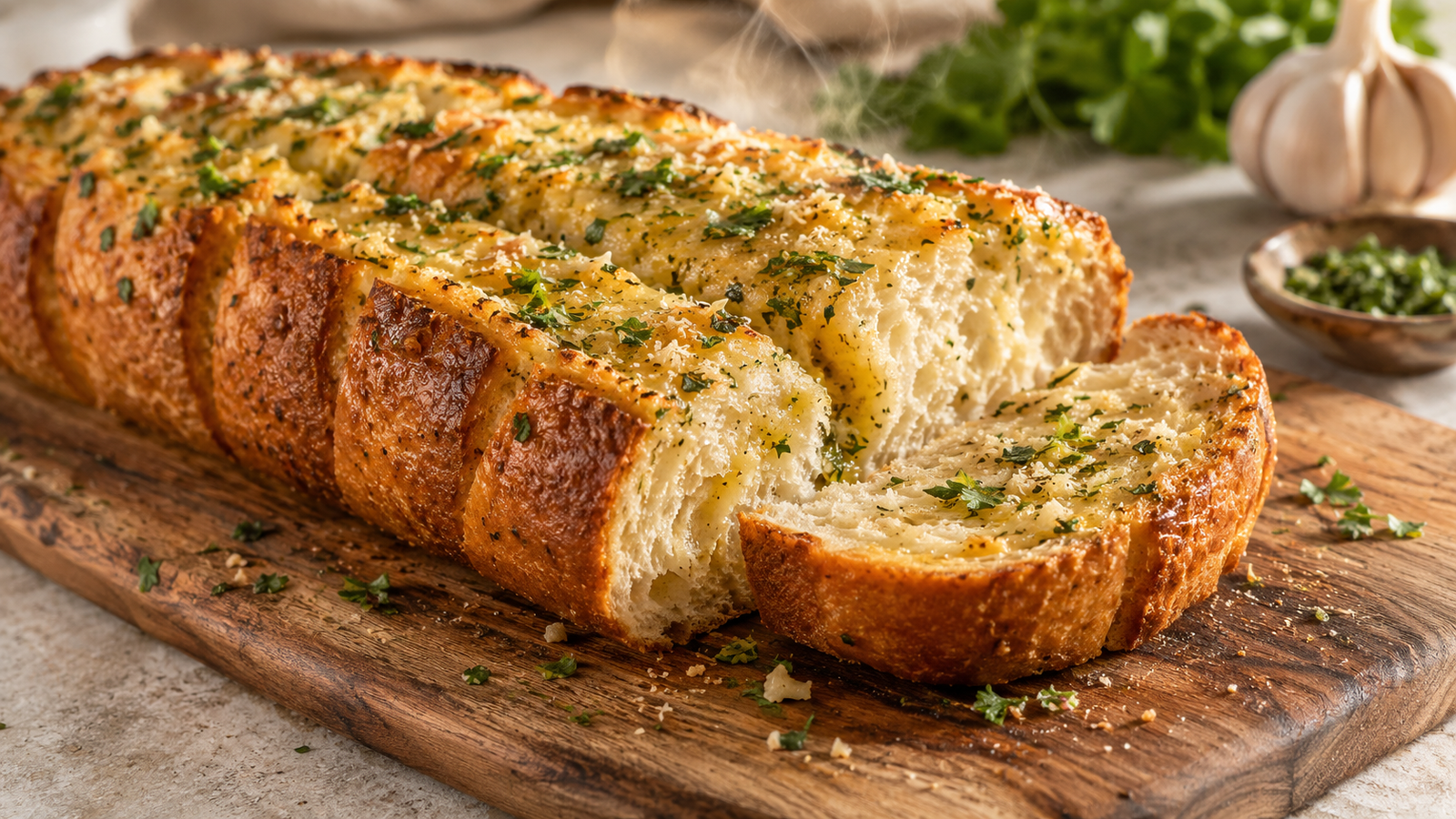 Garlic Bread From Scratch Buttery served warm with crispy golden edges and fresh parsley.