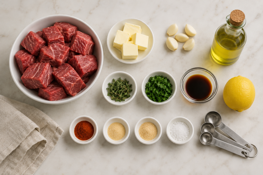 Ingredients for garlic butter steak bites including sirloin steak, butter, garlic, herbs, and seasonings