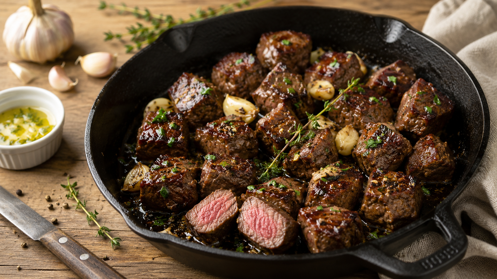 Garlic butter steak bites pan seared in a cast-iron skillet with fresh parsley and thyme