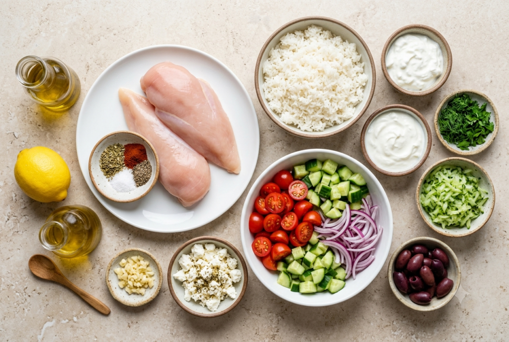 Ingredients for Greek chicken meal prep bowls arranged on a light stone surface.