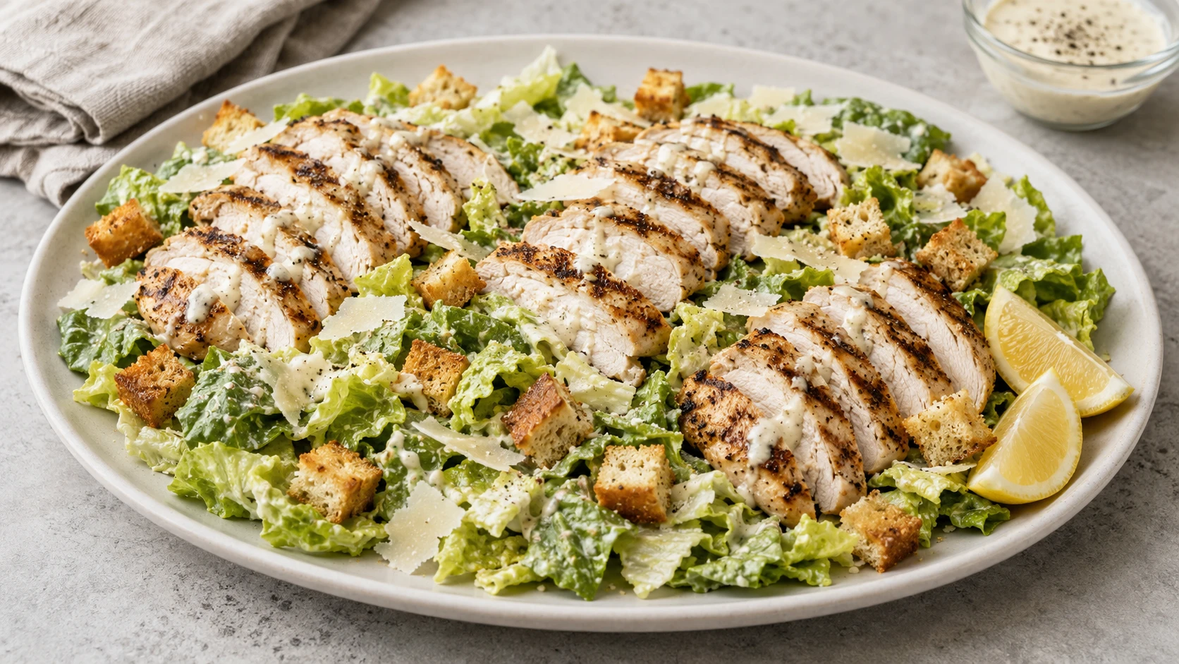 Grilled chicken Caesar salad with homemade dressing, romaine, Parmesan, and garlic croutons