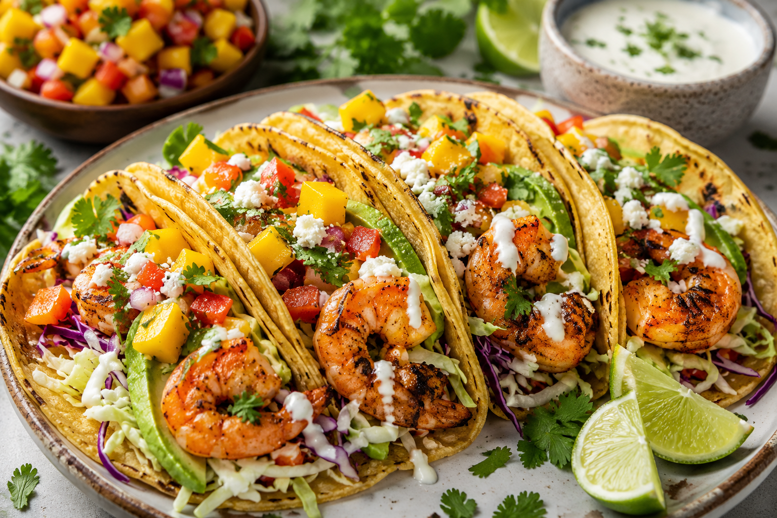 Feature image of grilled shrimp tacos with mango salsa, avocado, cotija, and lime crema.