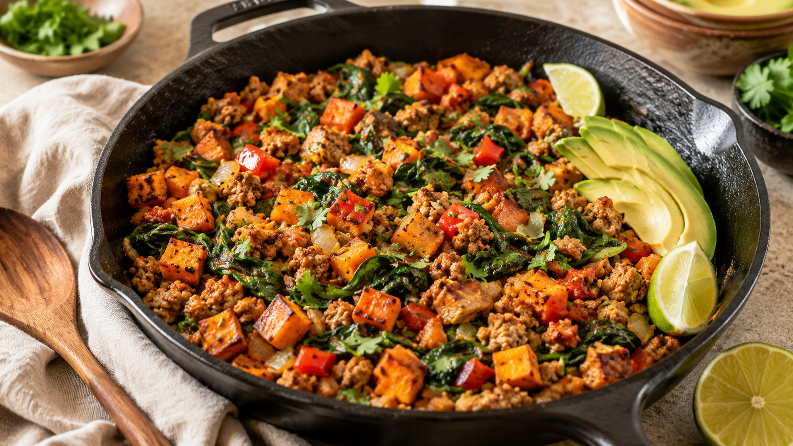 Ground Turkey Sweet Potato Skillet served in a cast iron skillet with avocado and lime.