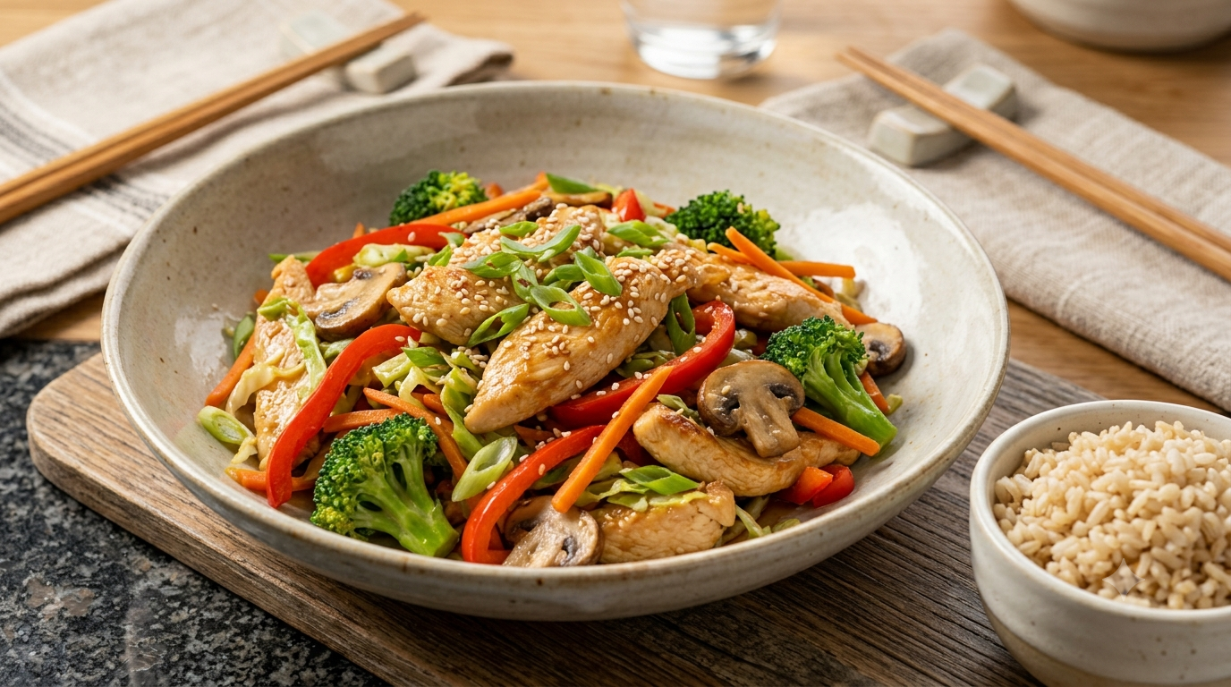 Gut healthy chicken vegetable stir fry with colorful crisp vegetables and brown rice.