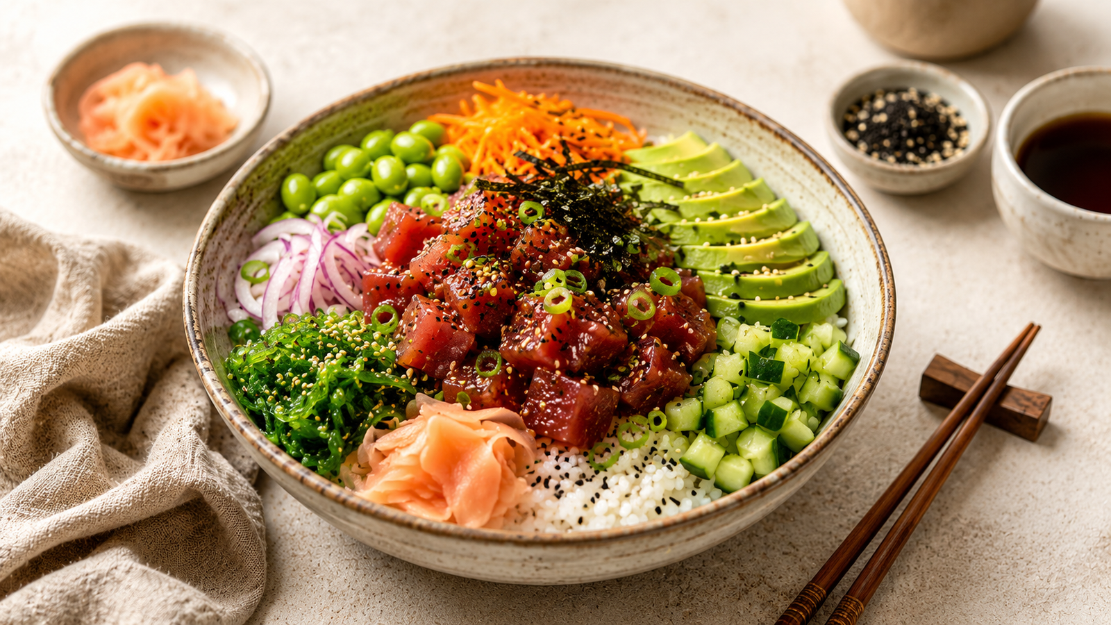 Homemade Hawaiian poke bowl with fresh ahi tuna, sushi rice, avocado, and colorful vegetables.