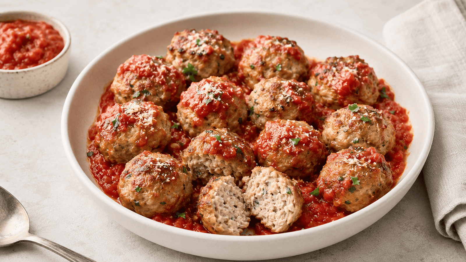 Healthy baked turkey meatballs served with warm marinara and Parmesan