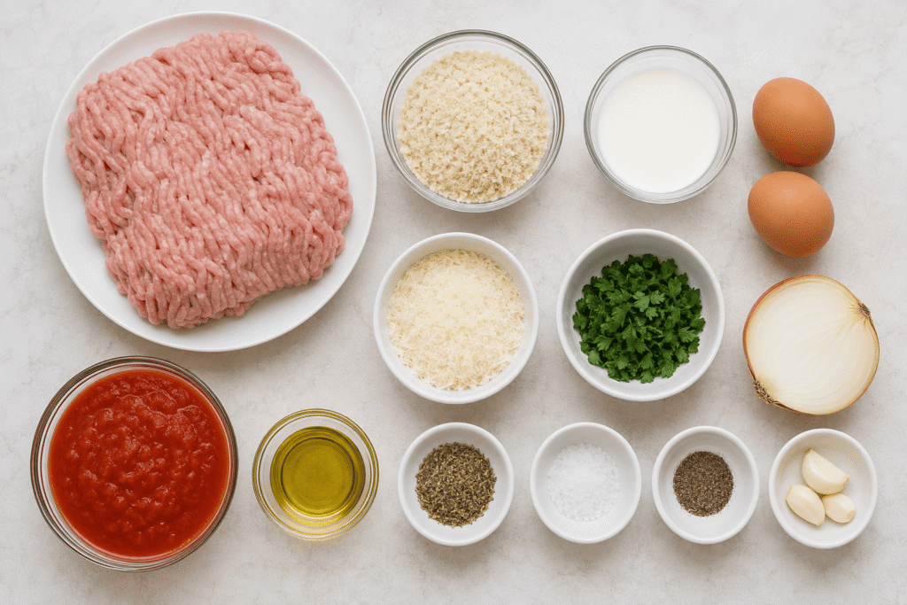 Ingredients for healthy baked turkey meatballs arranged on a kitchen counter