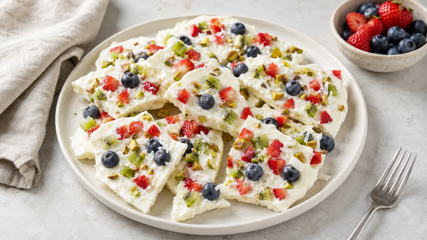 Healthy frozen yogurt bark with fresh strawberries, blueberries, kiwi, pistachios, and coconut