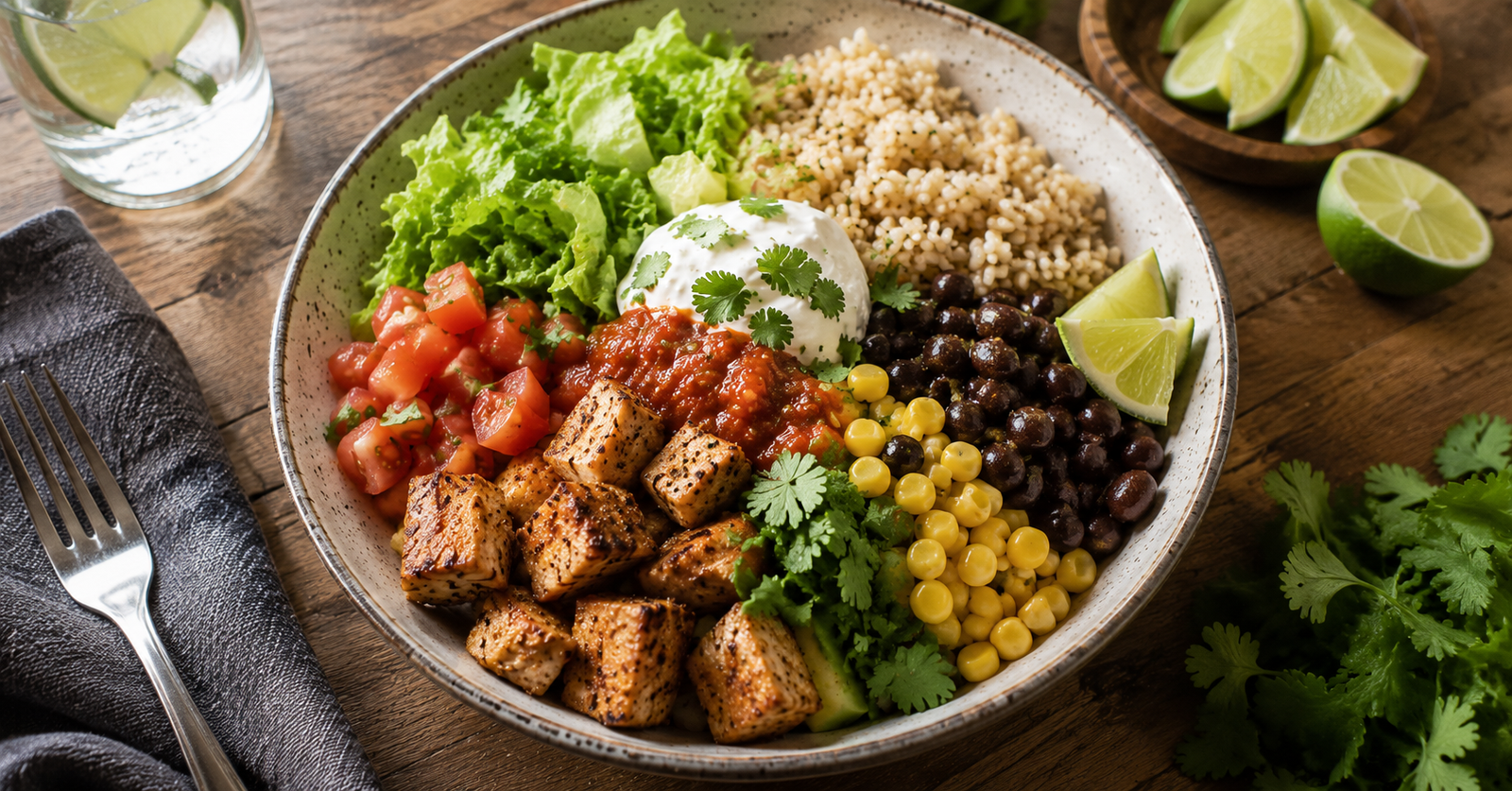 High Protein Chicken Burrito Bowl with grilled chicken, brown rice, black beans, corn, avocado, tomatoes, lettuce, salsa, and Greek yogurt served in a rustic bowl.