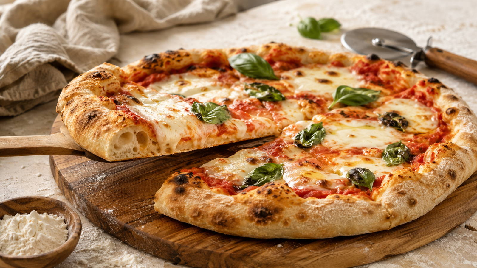 Homemade 4 ingredient pizza dough baked into a golden chewy pizza crust.