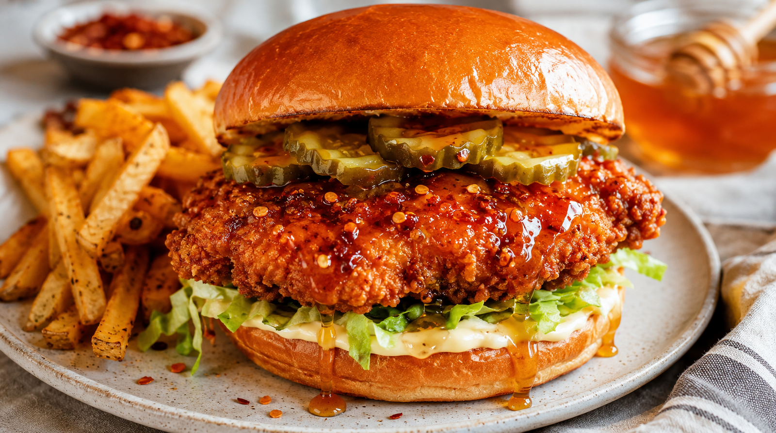 Crispy Hot Honey Chicken Sandwich SWICY served on a toasted brioche bun with lettuce, pickles, and glossy hot honey sauce, paired with seasoned fries on a rustic plate.