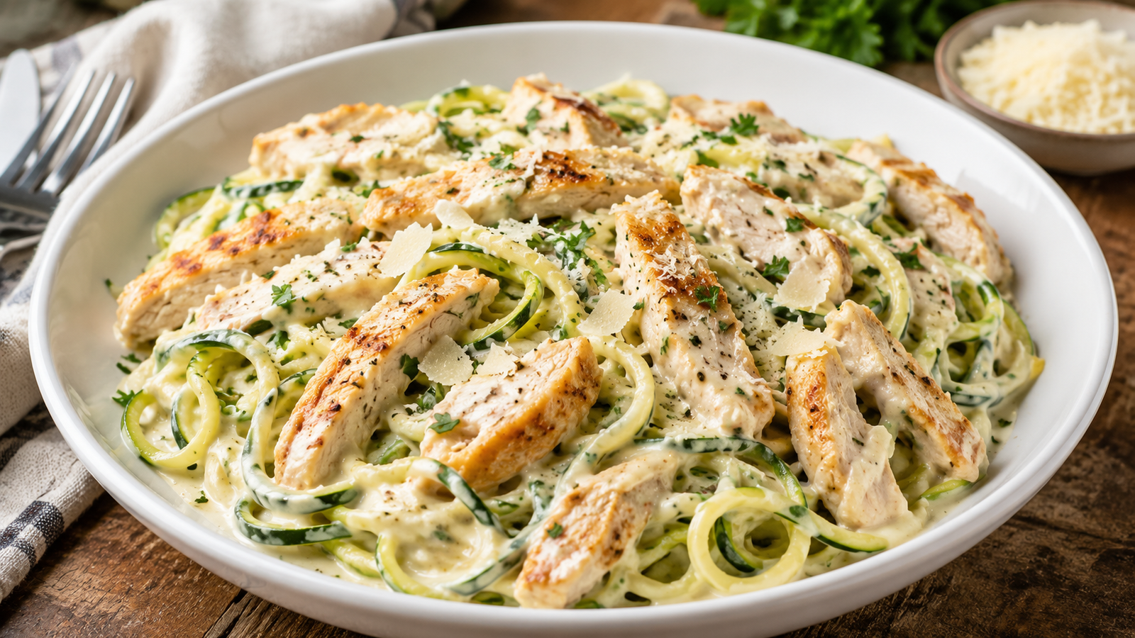 Creamy keto chicken Alfredo zucchini noodles served with Parmesan and fresh parsley in a white bowl.