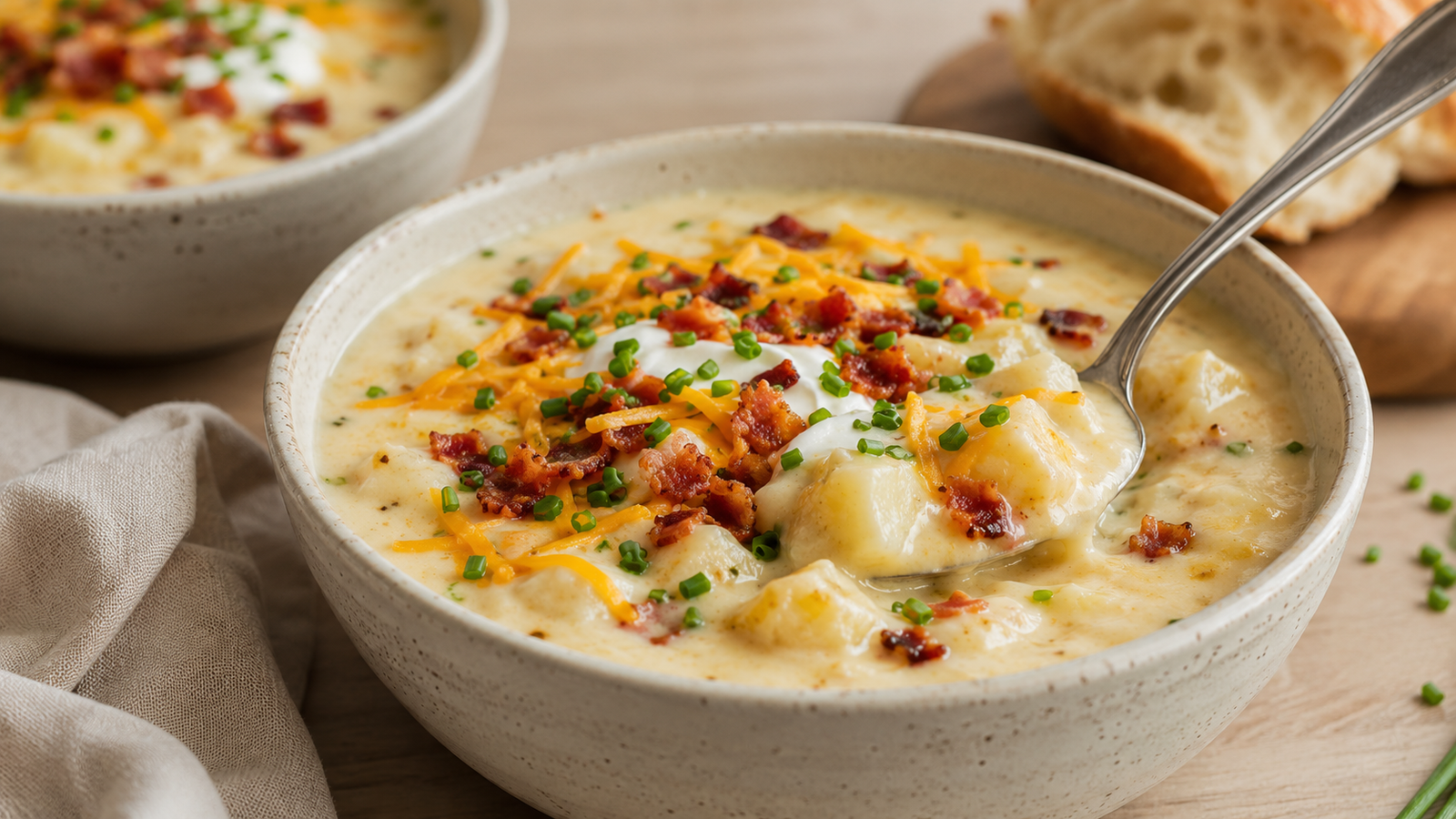 Creamy loaded baked potato soup topped with crispy bacon, cheddar cheese, sour cream, and fresh chives.