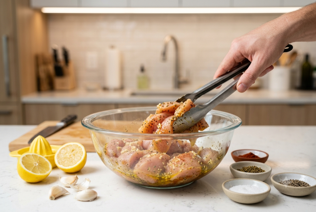 Chicken breast pieces coated in lemon, garlic, oregano, and paprika marinade.