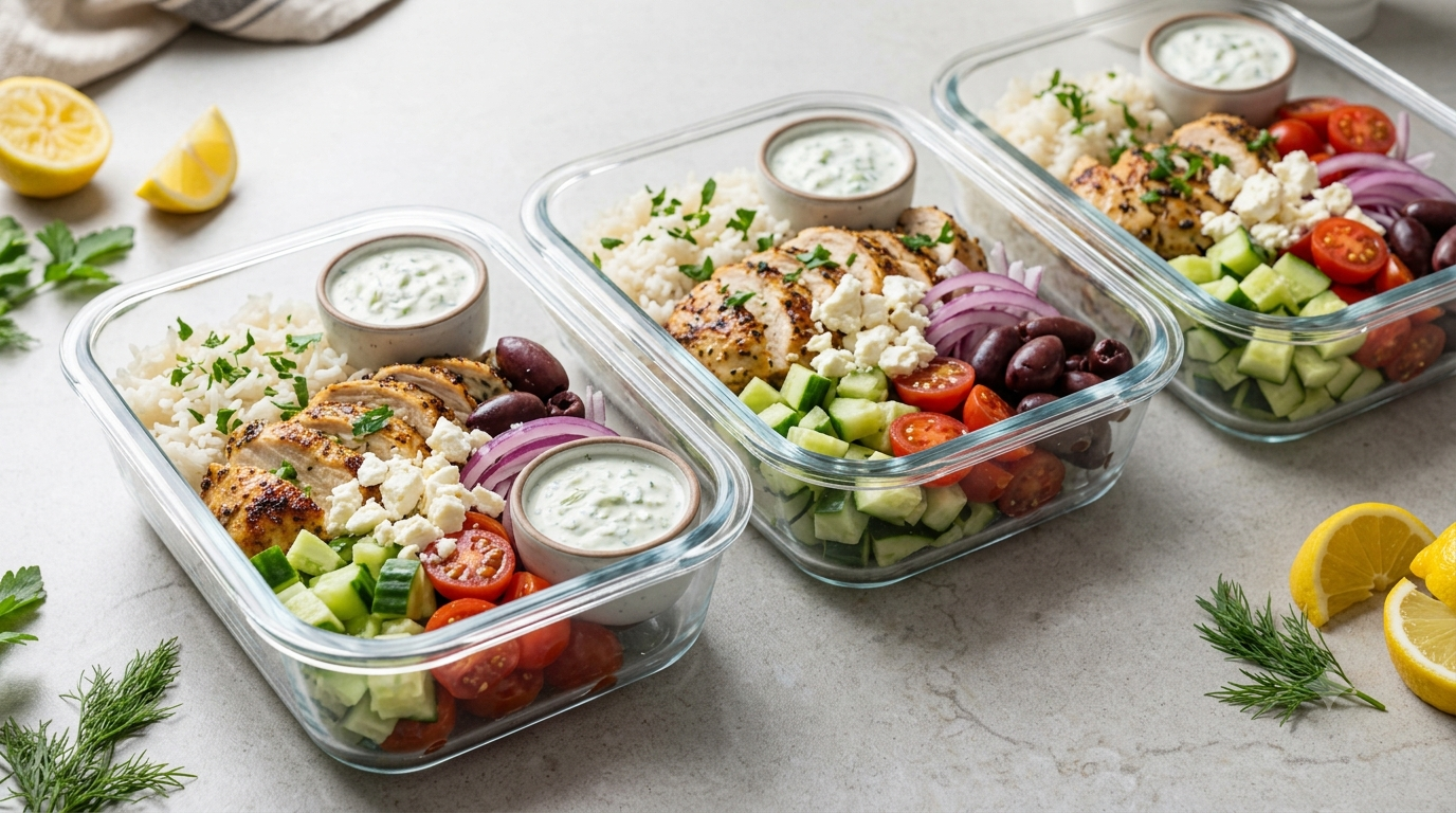 Meal prep Greek chicken bowls with rice, vegetables, feta, olives, and tzatziki.