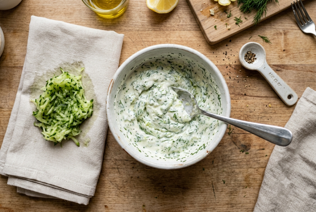 Thick homemade tzatziki mixed with Greek yogurt, cucumber, lemon, garlic, and dill.