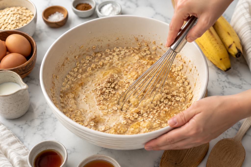 Mixing oatmeal batter with bananas oats eggs milk and cinnamon in a large bowl