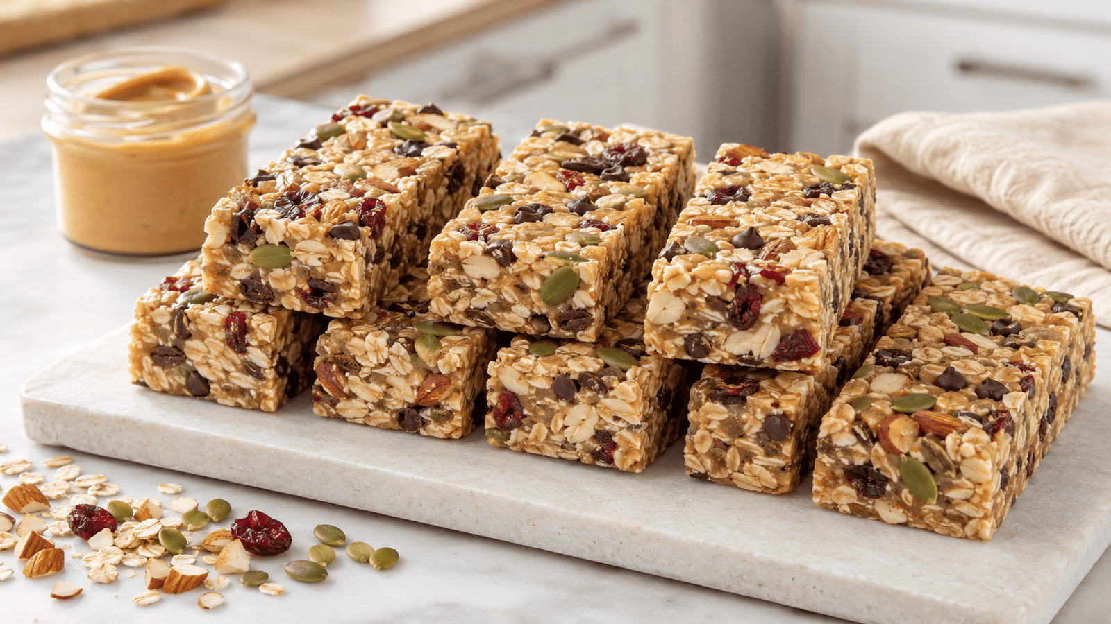 No-bake homemade trail-mix energy bars with oats, nuts, cranberries, and chocolate