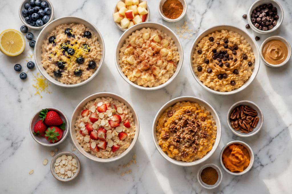 Dividing oatmeal batter into five bowls with different flavor mix-ins