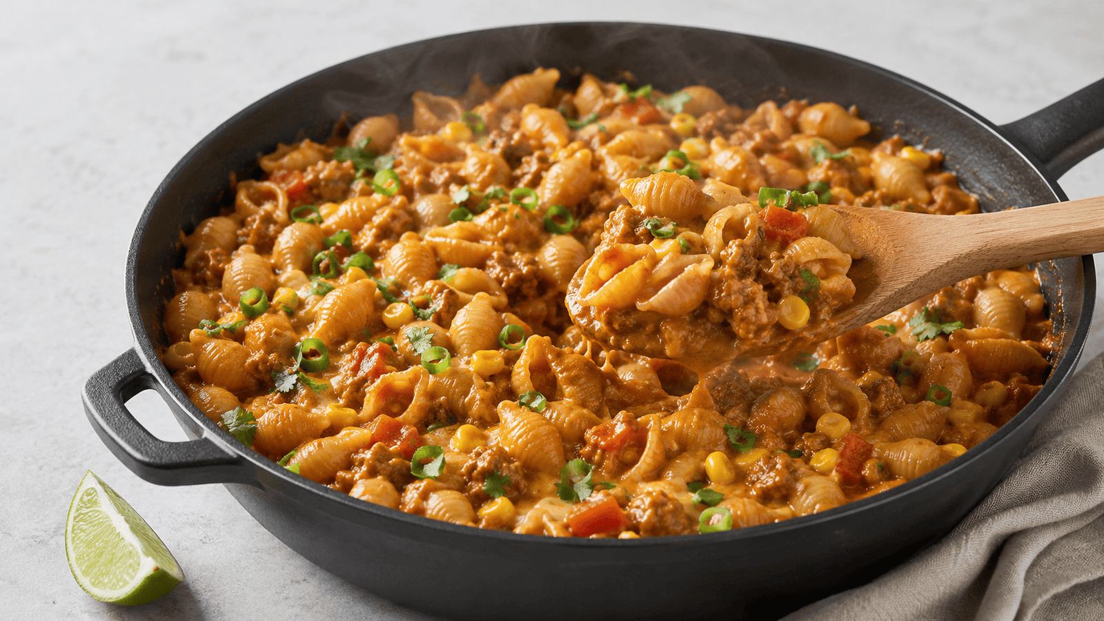 One-pot cheesy taco pasta with ground beef, corn, and melted cheddar