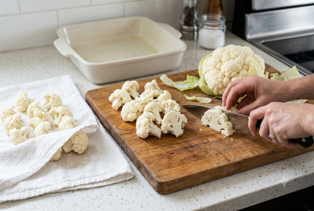 Cauliflower cut into even florets and dried before roasting.