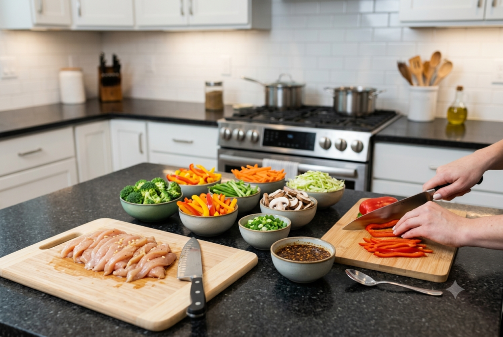  Sliced chicken and vegetables prepared for chicken stir fry. 

