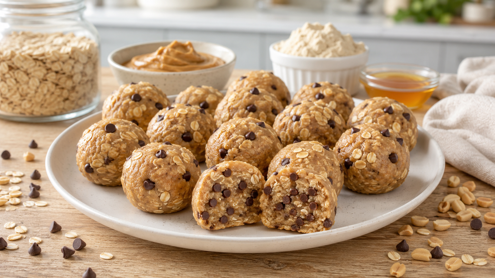No-bake protein cookie dough bites made with peanut butter, oats, protein powder, and chocolate chips