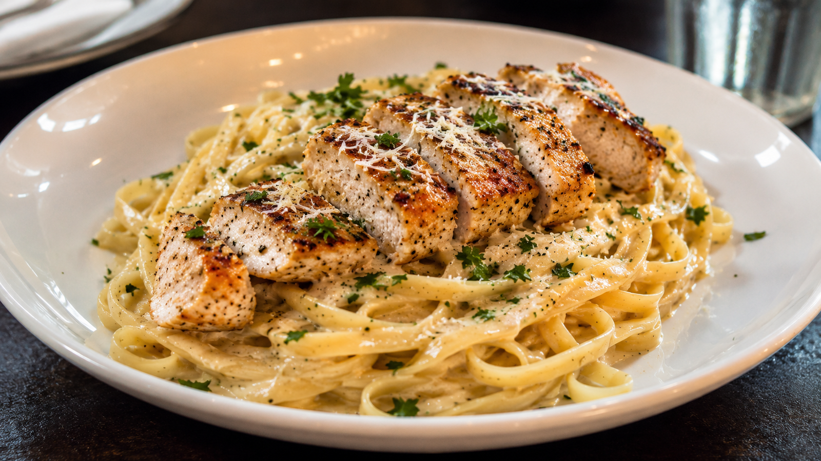 Restaurant-style creamy garlic butter chicken pasta served in a white bowl with golden seared chicken, silky Parmesan garlic sauce, and fresh parsley garnish.