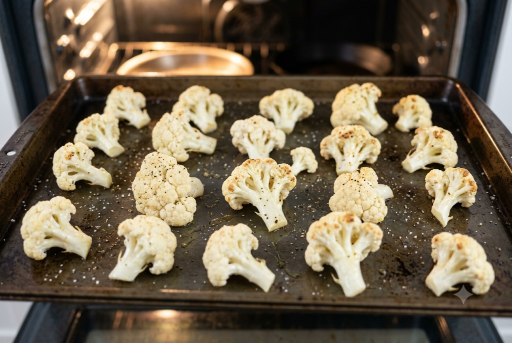 Seasoned cauliflower florets roasting in a single layer on a sheet pan.