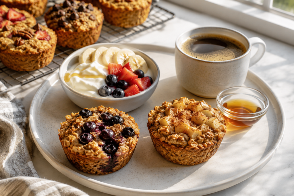 Warm baked oatmeal cups served with Greek yogurt berries and coffee