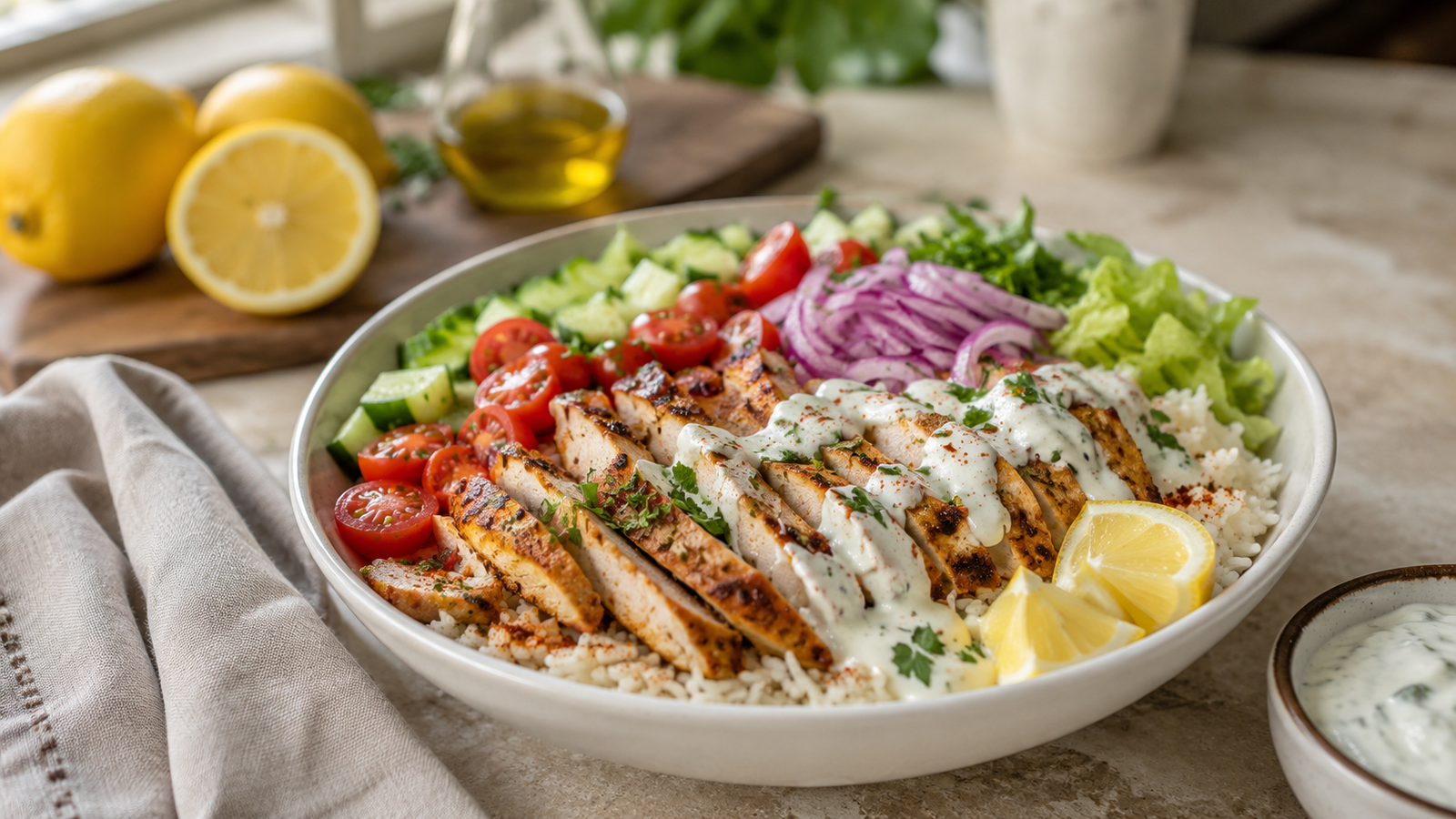 Chicken shawarma rice bowl with spiced chicken, basmati rice, fresh vegetables, and garlic yogurt sauce