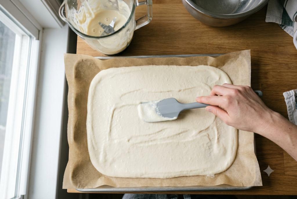 Smooth cottage cheese batter spread evenly on a parchment-lined baking sheet. 

