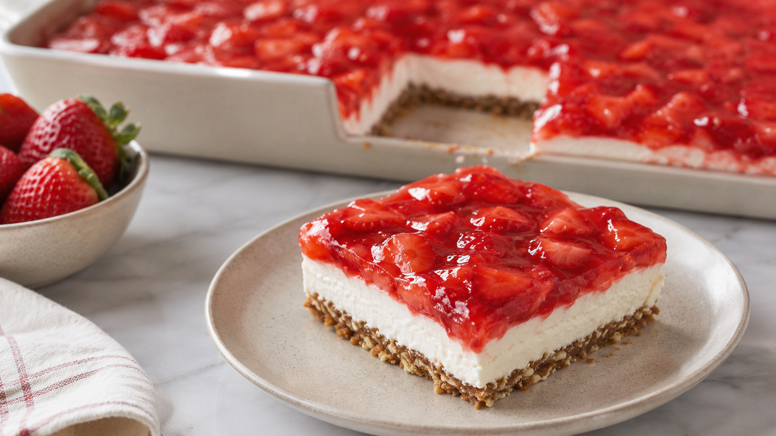 Strawberry pretzel salad dessert with creamy filling, glossy strawberry topping, and a crisp pretzel crust.