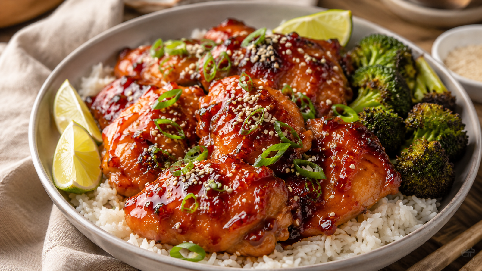 Sweet chili glazed chicken thighs served over jasmine rice with roasted broccoli, lime wedges, green onions, and sesame seeds.