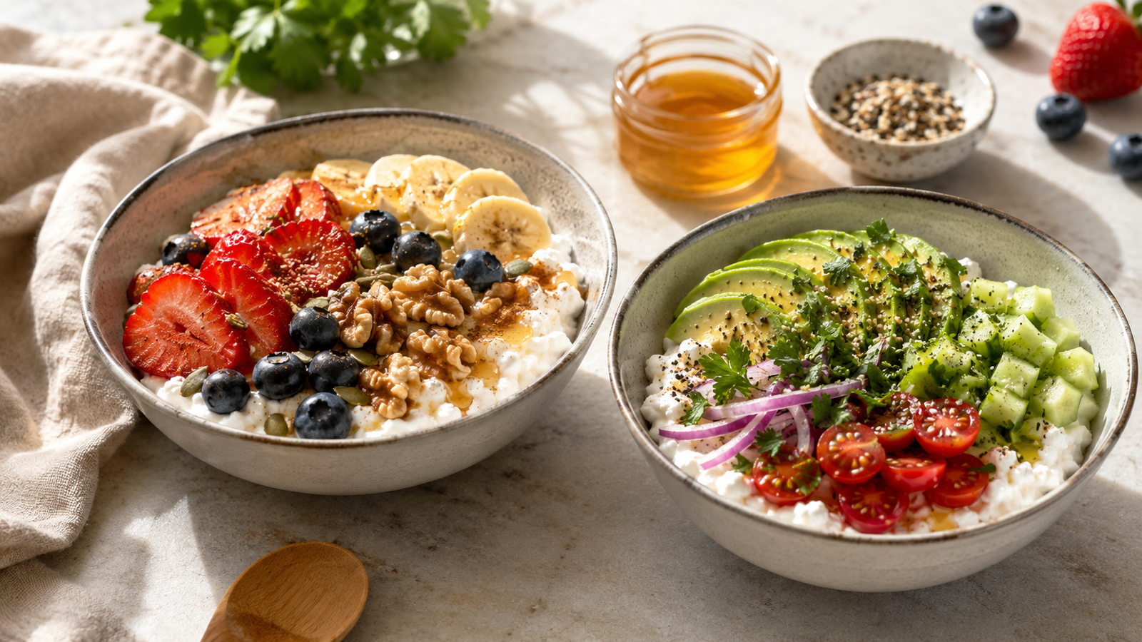 Sweet and savory cottage cheese bowls with fresh fruit, vegetables, nuts, seeds, and herbs