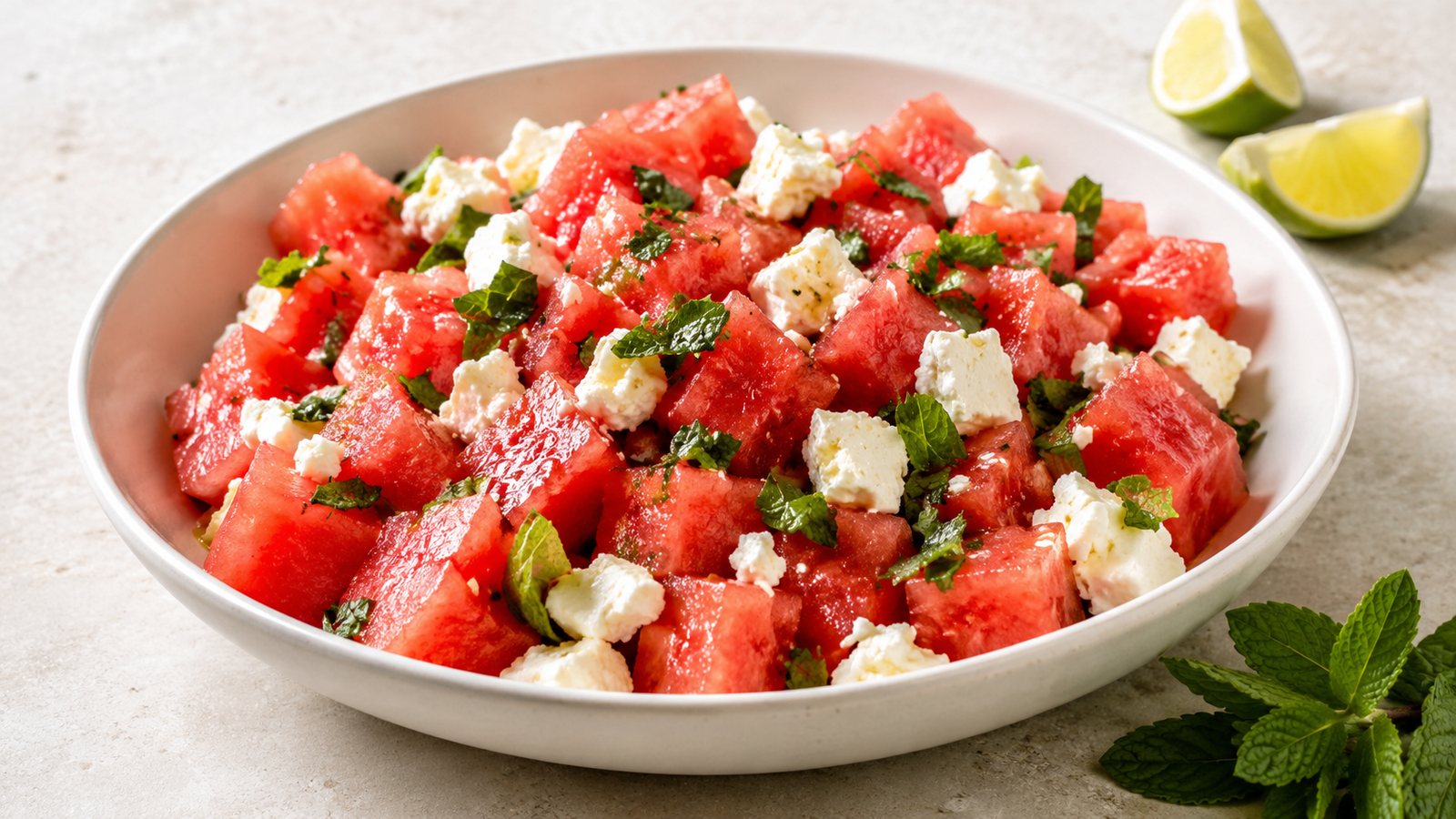 Watermelon feta mint salad with lime and fresh mint in a white serving bowl.