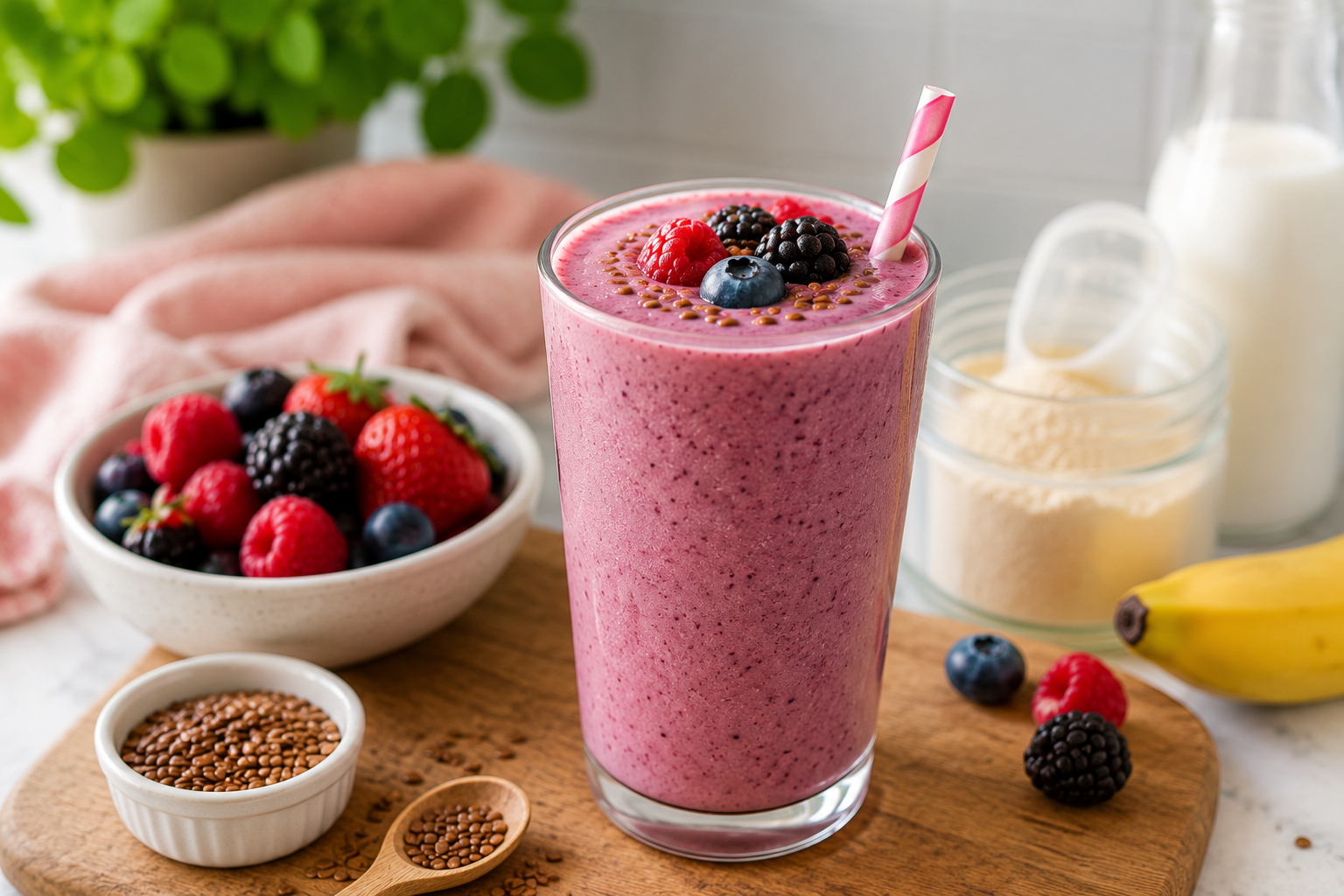 Weight Loss Smoothie Protein 300 Cal made with mixed berries, Greek yogurt, and protein powder in a tall glass