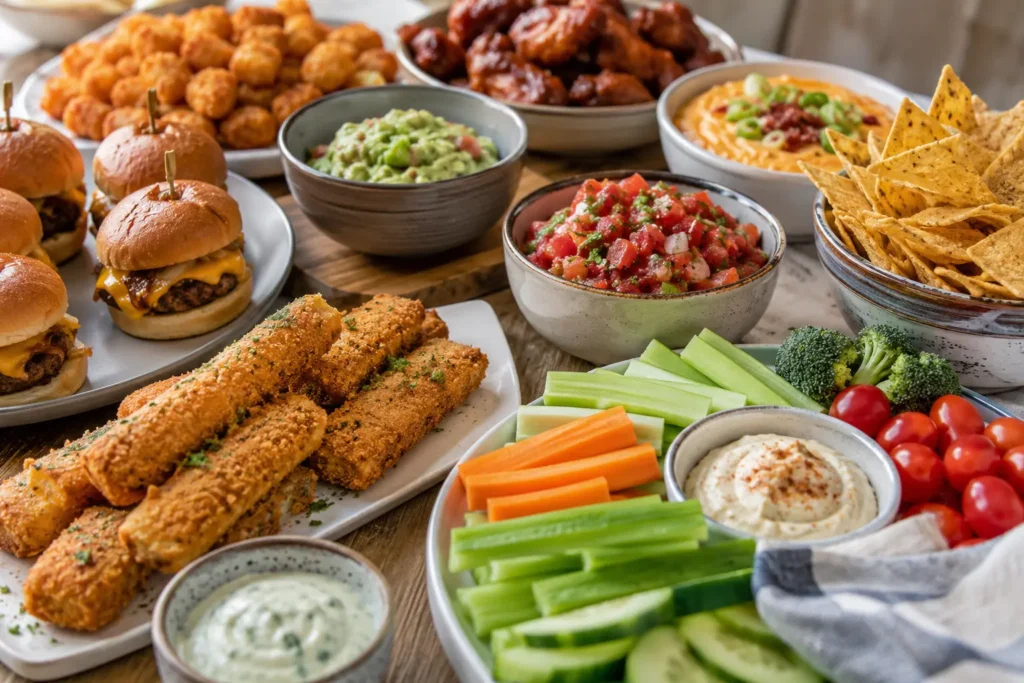 Assorted easy party appetizers for a crowd arranged on a table with crispy finger foods, dips, sliders, and tortilla chips.