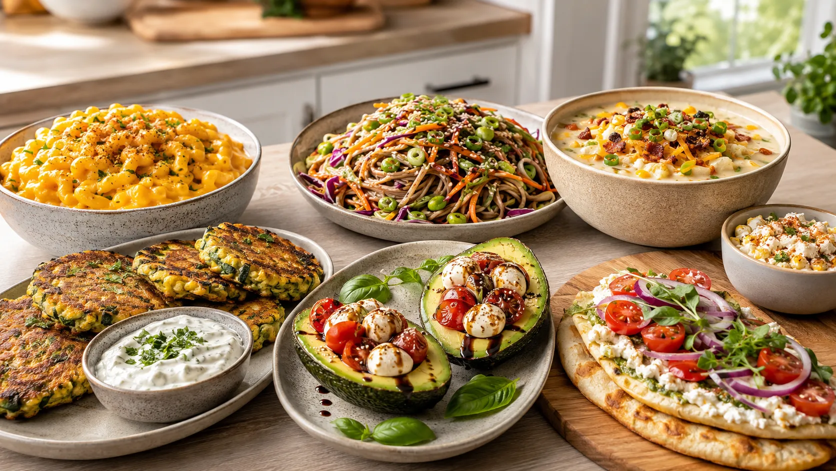 11 easy vegetarian meals including mac and cheese, sesame noodles, zucchini fritters, stuffed avocados, soup, corn, and fresh meatless dishes.