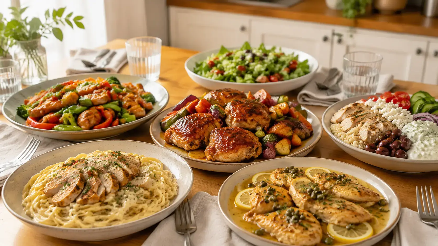 Easy chicken dinners for busy weeknights served on a family table