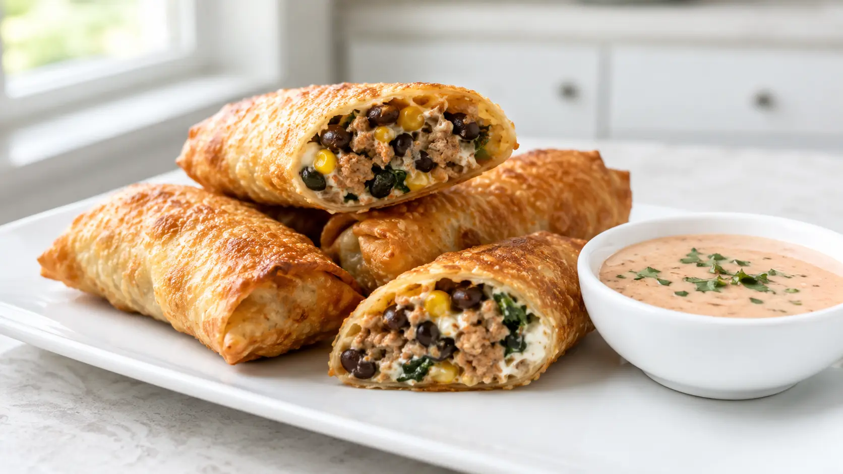 Air-Fryer Southwest Egg Rolls with seasoned turkey, black beans, corn, spinach, cheese, and creamy salsa sauce.