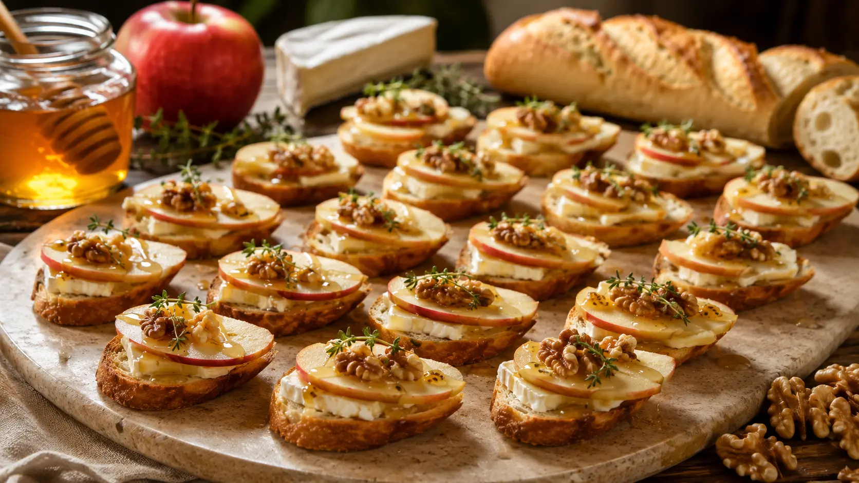 Apple-Brie Crostini With Honey and Walnuts arranged on a serving board