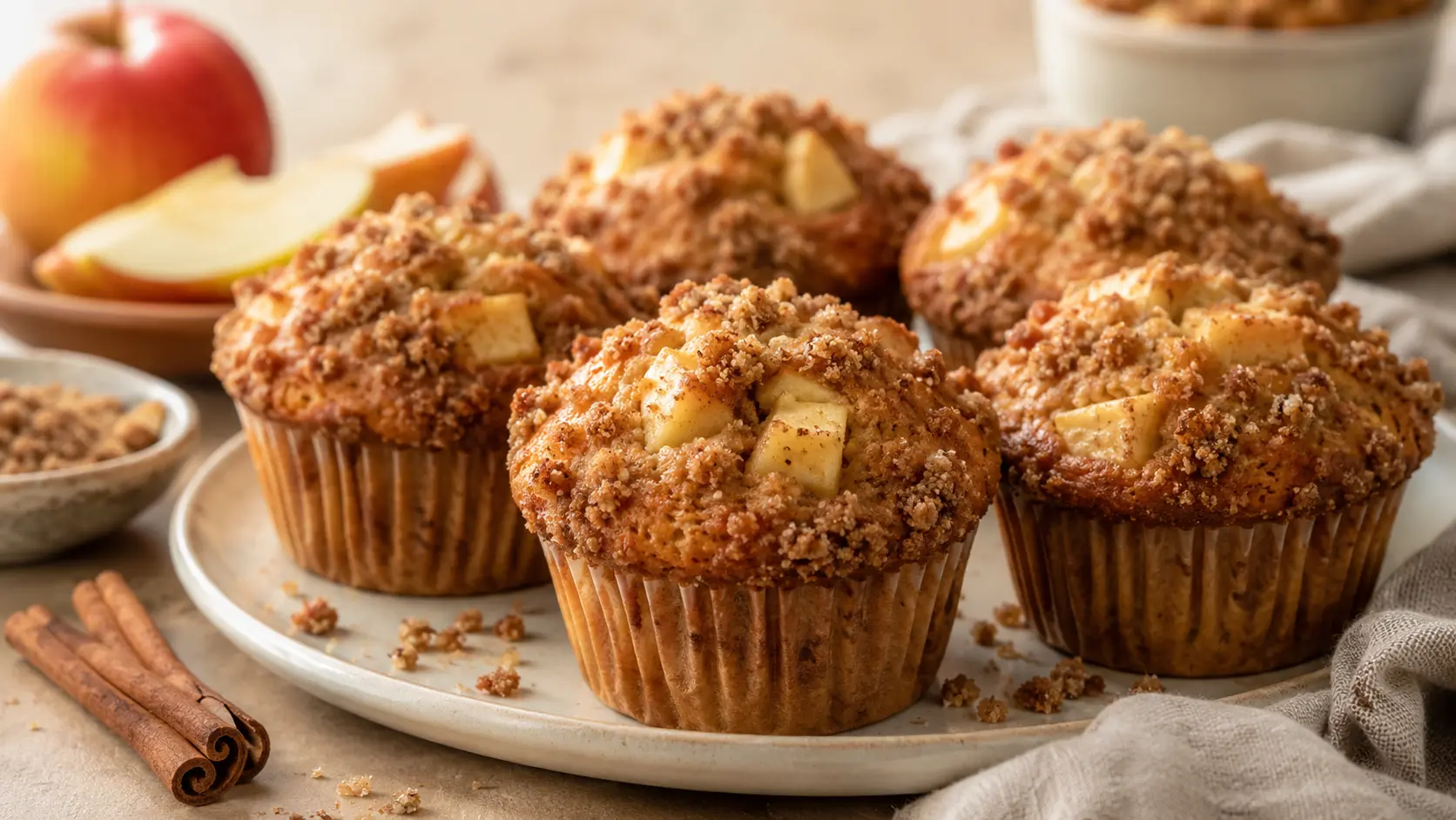 Apple-cinnamon muffins with golden streusel topping arranged on a ceramic plate