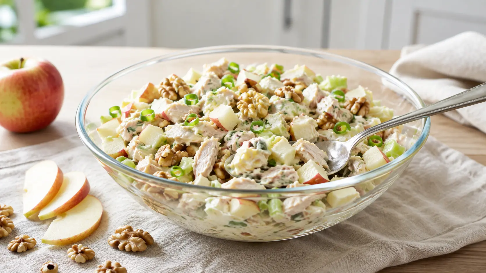 Creamy apple-walnut chicken salad with celery and green onion in a glass serving bowl