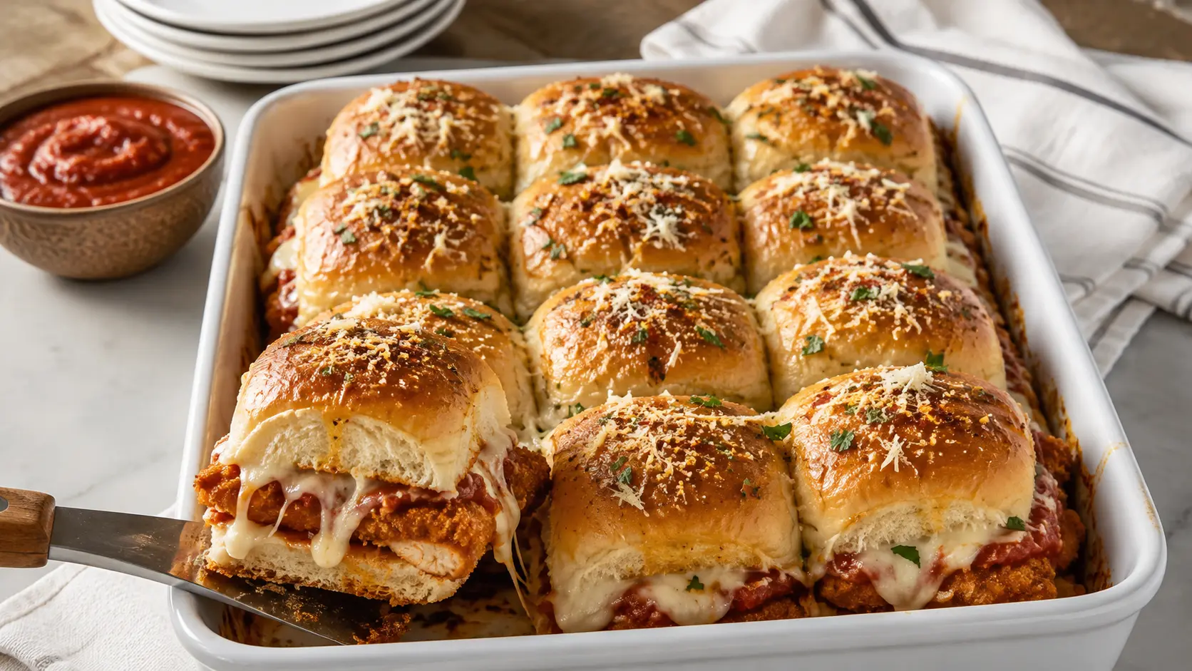 Baked chicken Parmesan sliders with crispy chicken, marinara, melted mozzarella, and golden garlic-butter rolls